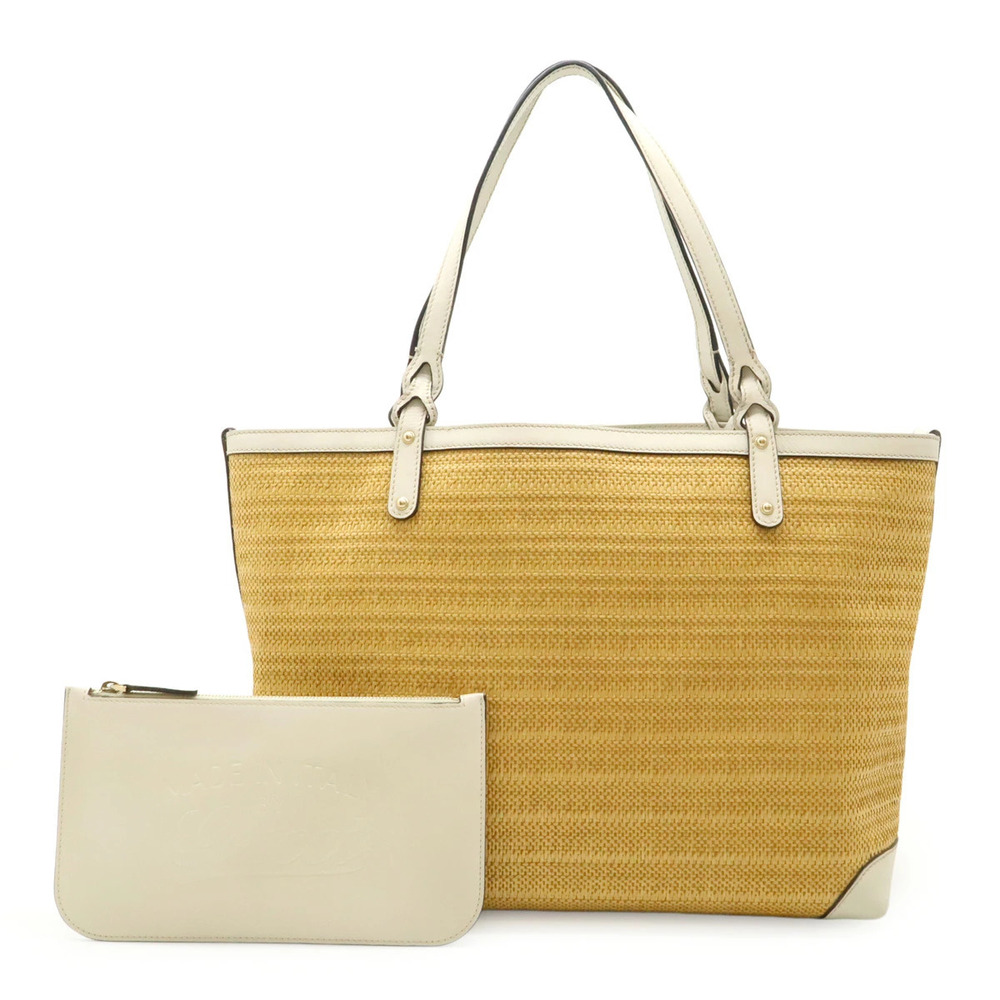 Gucci Tote Bag Shoulder Straw Tan Basket Leather White Pouch